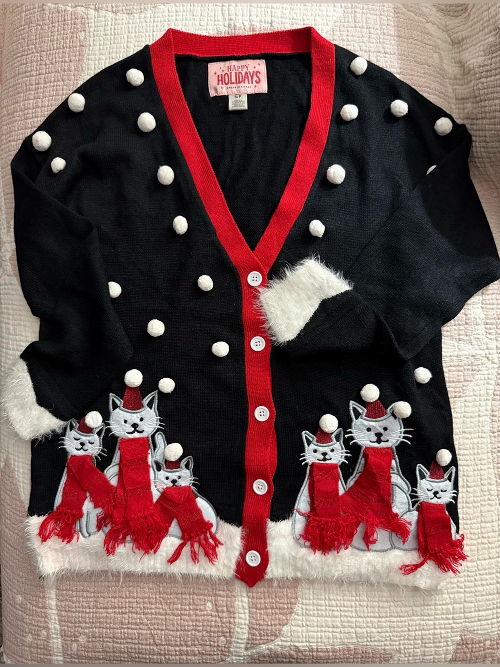 HAPPY HOLIDAYS URBAN HERITAGE CHRISTMAS SWEATER CATS IN SCARVES & SNOWBALLS - Picture 9 of 9